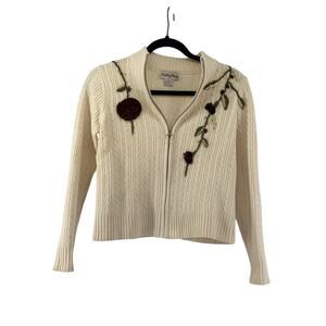 Built by Wendy Women Ivory Full Zip Cardigan Sweater Small Embroidery